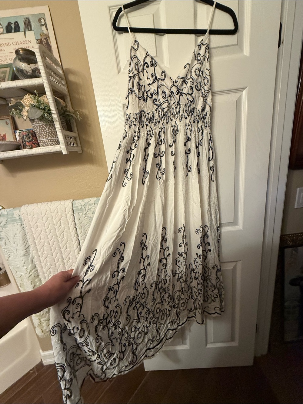 White Spaghetti-Strap White/Navy Embroidered Maxi Dress